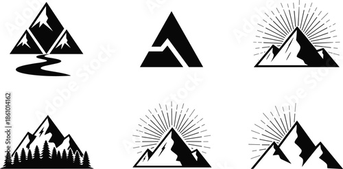 mountain logo collection, adventure landscape emblem set, outdoor nature peaks silhouette, travel hiking badge design, wilderness summit illustration, vintage adventure art