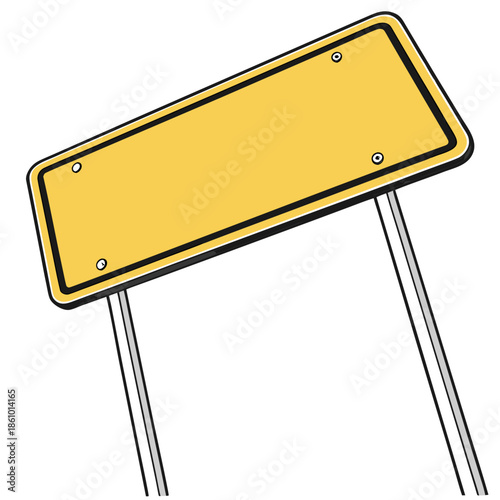 A simple cartoon illustration of a blank yellow rectangular road sign (with rounded corners, black border, and mounting holes) on two metal posts, tilted slightly to the left as if it's a temporary.