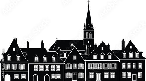 old european town skyline silhouette, historic houses and church architecture, classic vintage cityscape illustration, black vector building artwork, cultural landmark design