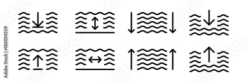 Water level icon. Water depth icon vector. Water level up, down icon sign vector. Water level increase, decrease icon sign vector