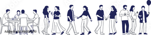 people social interaction illustration, couples walking together, friends talking, family moments, modern lifestyle characters, community relationship scene, flat minimal line art