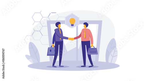 Businessmen shaking hands in modern office setting with briefcases and lightbulb idea