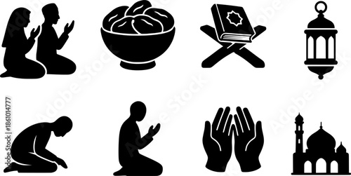 Islamic Prayer Solid Icon Collection. Containing Muslim Dua, Salah, Quran, Mosque, Ramadan and More Religious Icons. Editable Solid Vector Icon Set.