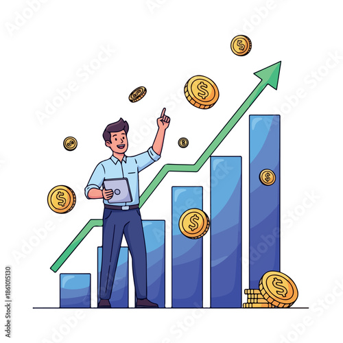 A cheerful cartoon businessman pointing upwards with a tablet in hand standing in front of a rising green arrow and blue bars graph with floating coins conveying a joyful and prosperous