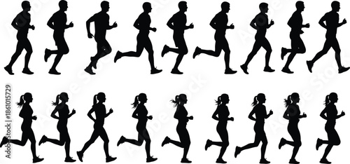 runner silhouettes jogging in motion, men and women running exercise, marathon training, athletic fitness workout, healthy lifestyle sports activity vector illustration