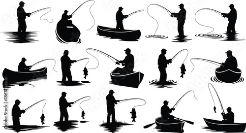Silhouette fishermen casting lines from boat and shore, fishing sport icons collection, outdoor lake angling illustration, hobby recreation vector set graphic design elements
