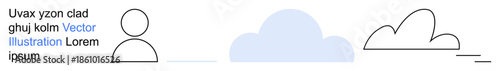 Digital communication, user profiles, cloud computing, abstract art, data storage, and minimalism. Line art of a person icon, clouds and abstract shapes. Digital communication and cloud computing