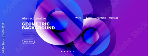 Abstract geometric background. Blue, purple hues create fluid shapes. Website header with navigation options present. Modern design.