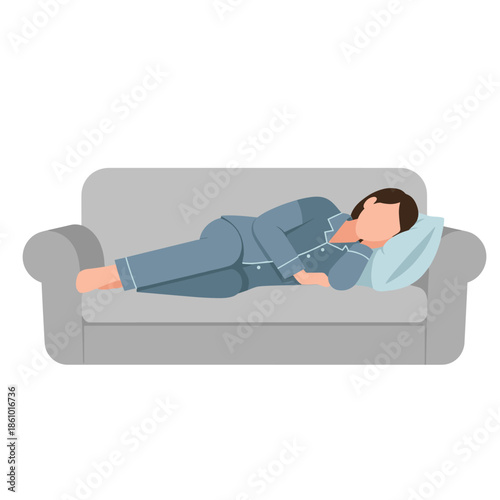 Man in pajamas sleeping soundly on a comfortable sofa.