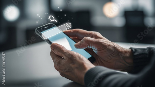 Older Person's Hands Holding Smartphone with Illuminated Search Bar Icons, Representing Digital Accessibility and Information Search