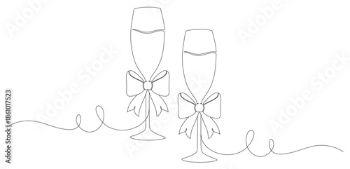 Continuous line art of a glass tied with a ribbon. This icon is for a cafe or bar sticker or banner. Vector illustration.