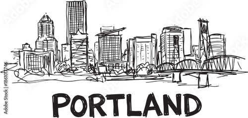 Rough ink sketch Portland skyline vector drawing with handwritten text and city landmarks style