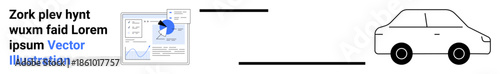 Business analytics, mobility, smart tech, data visualization, transportation, digital transformation. Analytics chart with graphs beside a car outline. Business analytics and mobility concept