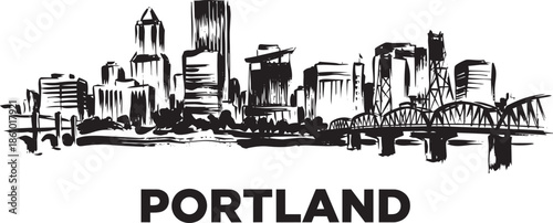 Hand drawn brush stroke Portland skyline vector illustration with artistic bridge and buildings