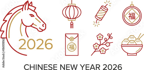 minimalist chinese new year line icon set red and golden lunar new year vectors 