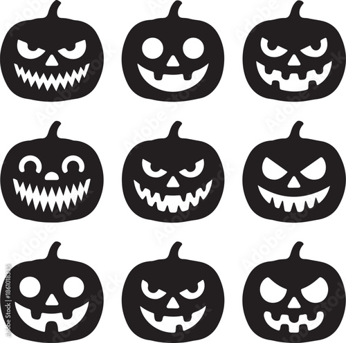 Halloween pumpkin faces with different expressions on white