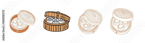 Four illustrations of bamboo steamers, some open with dumplings, others empty, depicting traditional Asian cooking tools.