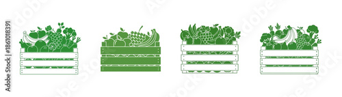 Four green crates filled with various fresh vegetables and fruits, depicted in a simple, illustrative style.