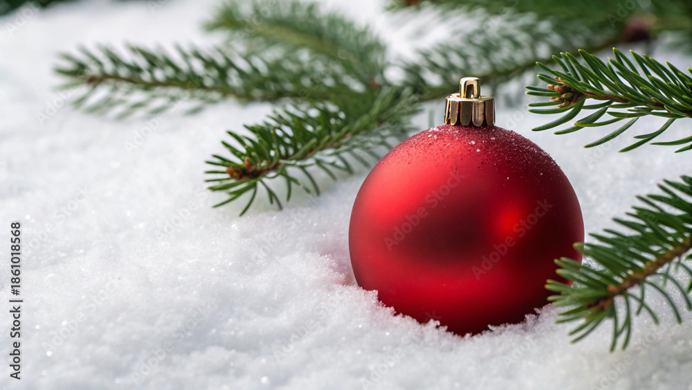 Obraz premium Red ornament resting on snow with pine branches in a winter setting near Christmas time