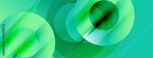 Abstract design features overlapping green circles. Gradient shades create depth, modern aesthetic. Smooth transitions, dynamic composition.