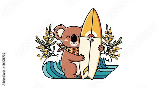 Cute koala surfing illustration with surfboard and australian wattle flowers on blue sea waves