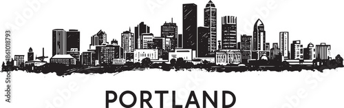 Detailed Portland cityscape silhouette with varied buildings and scenic elements on transparent background