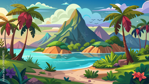 Tropical mountain island landscape vector with jungle and ocean view, flat style