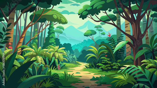 Lush tropical rainforest landscape vector with dense green foliage, flat illustration
