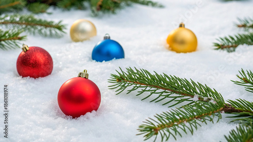 Colorful ornaments lie in snow among pine branches during a winter holiday season