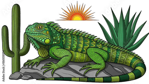 Green iguana lizard sitting on rock with desert plants and tribal sun illustration graphic art
