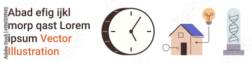 Education, science, research, innovation, time management, technology. Minimalist design a clock, house lightbulb and DNA strand. Innovation and education in a conceptual design
