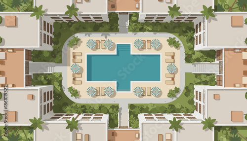Luxury resort pool area with modern buildings and lush greenery
