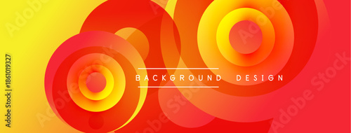 Abstract vibrant circles overlap, creating dynamic warm color gradients. Yellow, orange, red hues dominate design. Modern aesthetic.