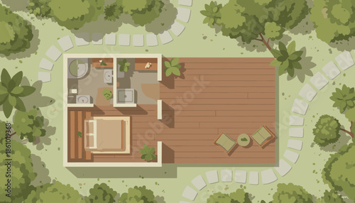 Cozy cabin floor plan with kitchen, bedroom, and patio