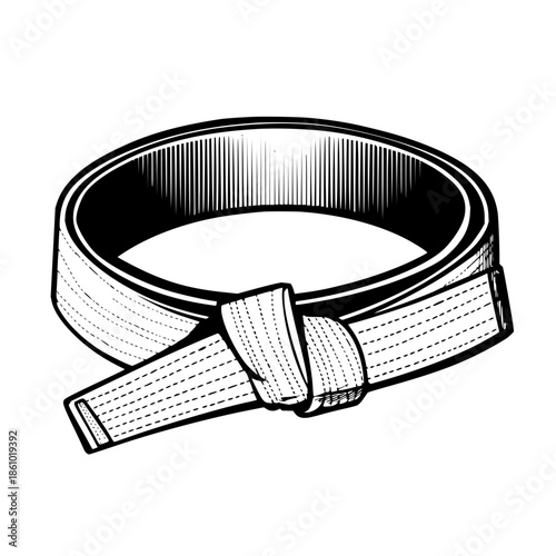 Illustration of a tied martial arts belt with detailed stitching and shading in black and white style