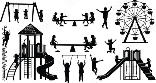 Children playground silhouettes set, kids playing on swing slide and ferris wheel, park recreation activity, cad drawing flat vector illustration
