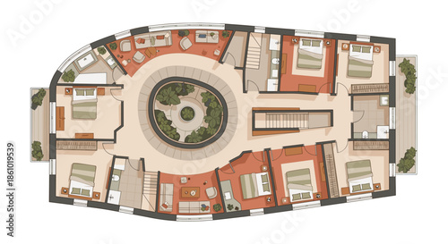 Modern building floor plan with central garden and multiple rooms