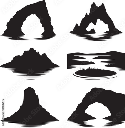 Collection of isolated coastal rock formations and island silhouettes