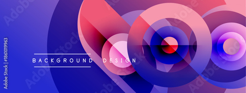 Abstract layered shapes create vibrant background. Blue, purple, pink hues blend seamlessly. Modern design element for digital projects.