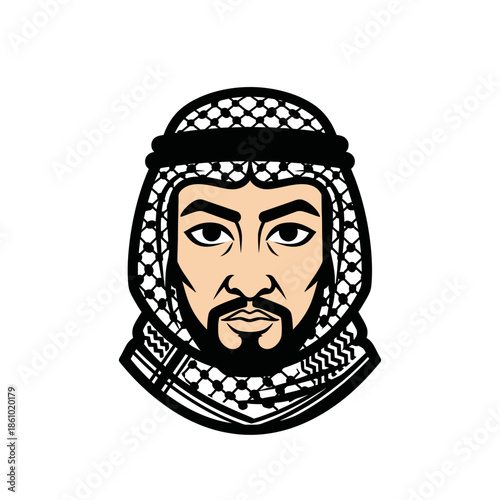 Middle Eastern Man Portrait, Arabic Man Wearing Keffiyeh, Traditional Headwear, Bearded Male Face