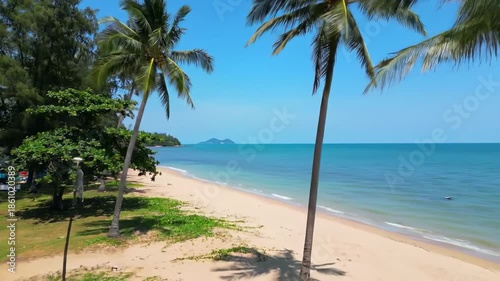 Aerial view of a tropical beach with palm trees lining the shore, sandy coast, bright blue sky, and turquoise water. A distant island is visible
