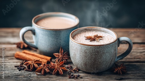 Steaming cups of chai tea with star anise and cinnamon on a wooden table.