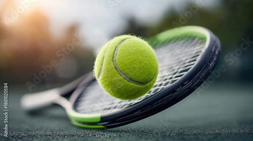 Tennis ball and racket on the court