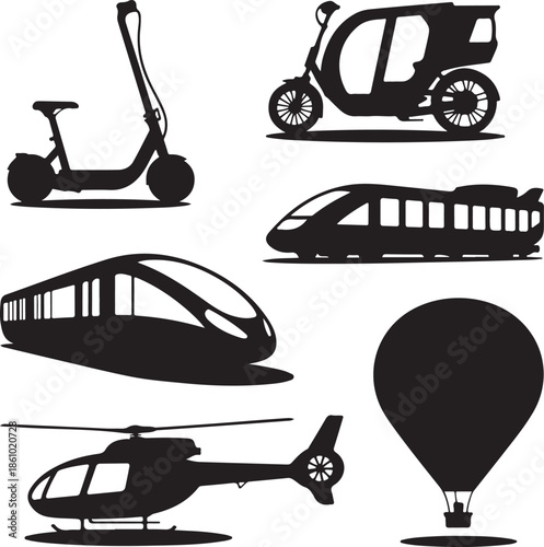 Collection of modern transport vehicles and travel modes isolated illustration