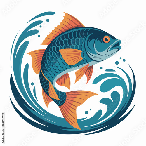 Vibrant blue fish mid swim in circular splash motion.