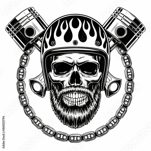 Biker Skull Portrait with Flaming Helmet.