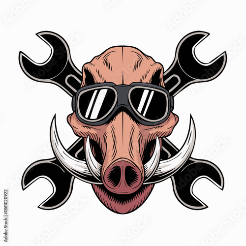 Mechanical boar head with goggles and wrenches.