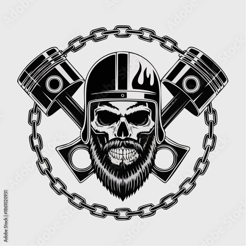 Skull biker graphic with helmet and chain emblem.