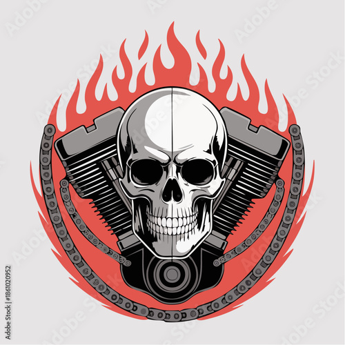 Skull Emblem with Flaming Motorcycle Engine Design.