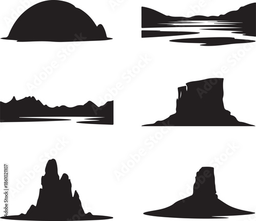 Silhouettes of different natural rock formations isolated on transparent background